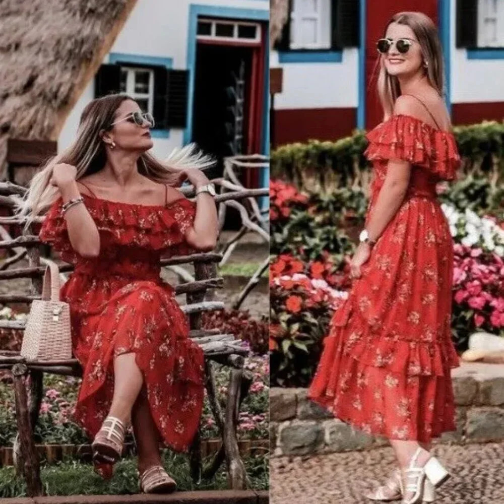 Zara Ruffle Tiered Midi Dress Blogger Fav  Red Floral Size Medium